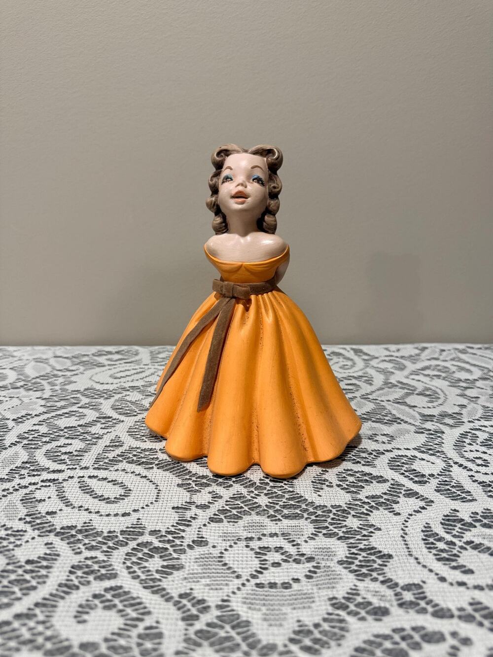 Vintage Hand Painted Ceramic Lady Figurine Orange Gown Hat Mid Century Decor